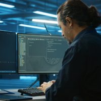 Admin focused on programming in server room on computer Admin focused on programming in server room on computer