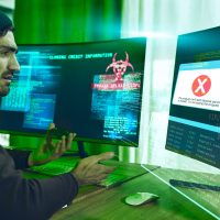 Hacker, fraud and man with credit card at computer for phishing, scam or malware. Confused, neon da Hacker, fraud and man with credit card at computer for phishing, scam or malware. Confused, neon da